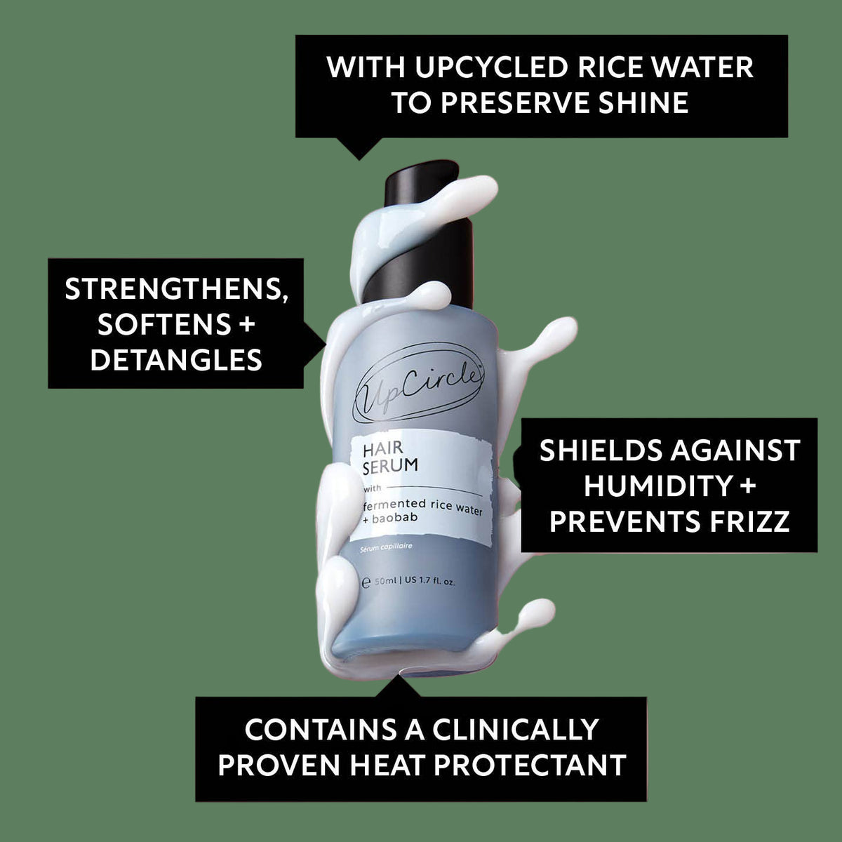 Hair serum bottle with text highlighting benefits on a pink background