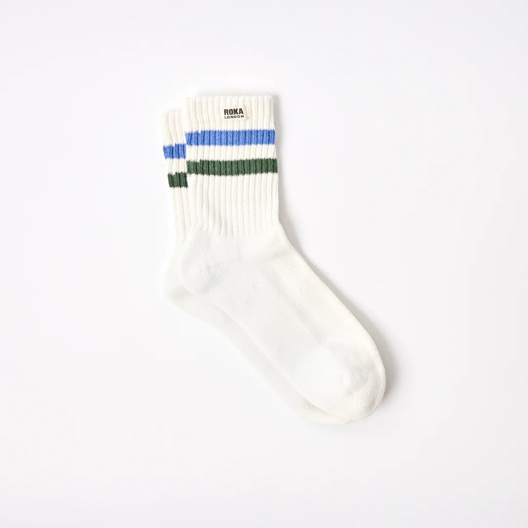 ROKA Windsor Crew Socks - Stripe in Malibu Blue & Forest - Size UK 6-12