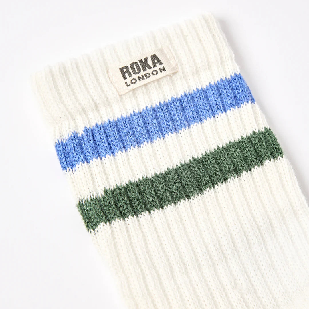 ROKA Windsor Crew Socks - Stripe in Malibu Blue & Forest - Size UK 6-12