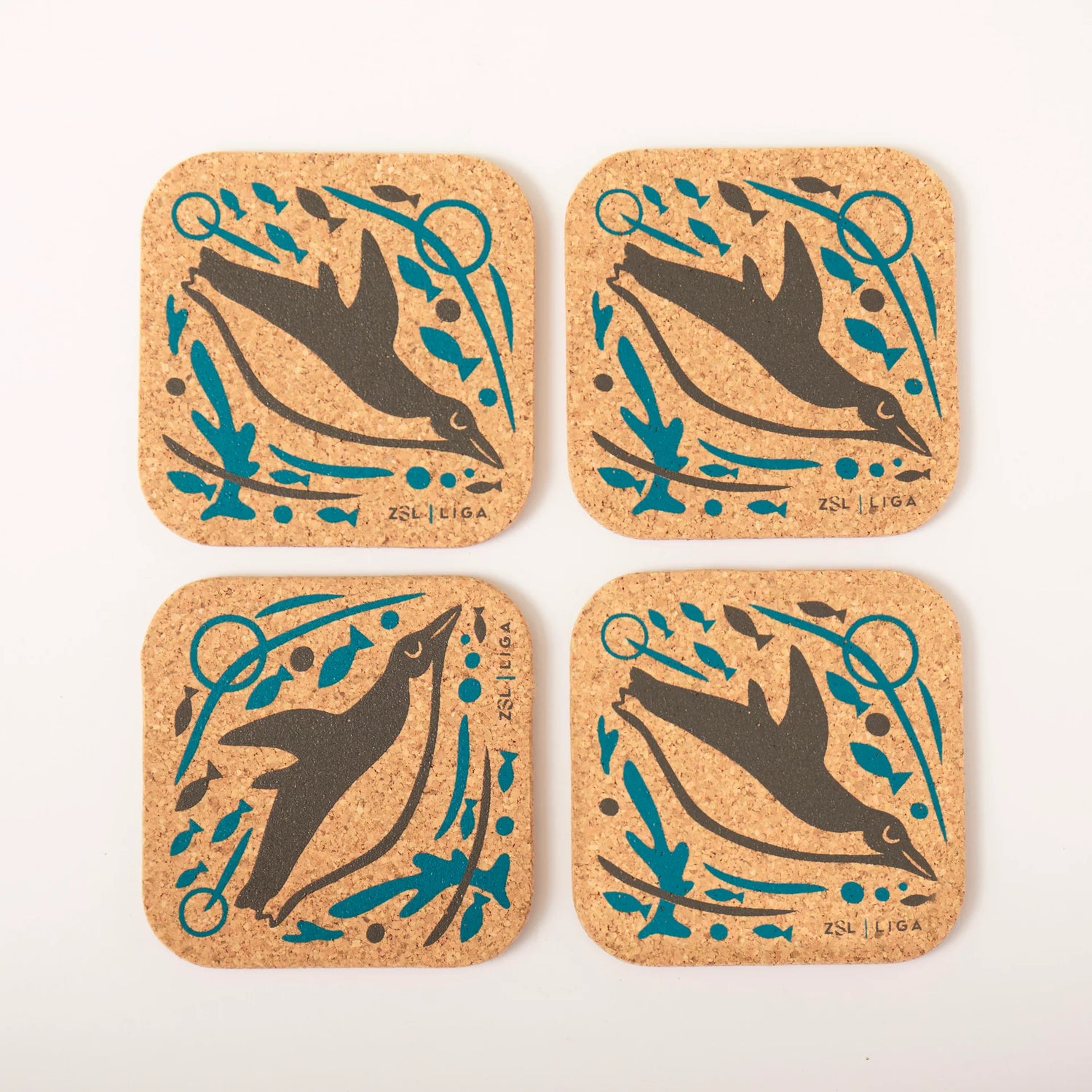 Cork Coasters - Swimming Penguins - Set of 4 with Holder