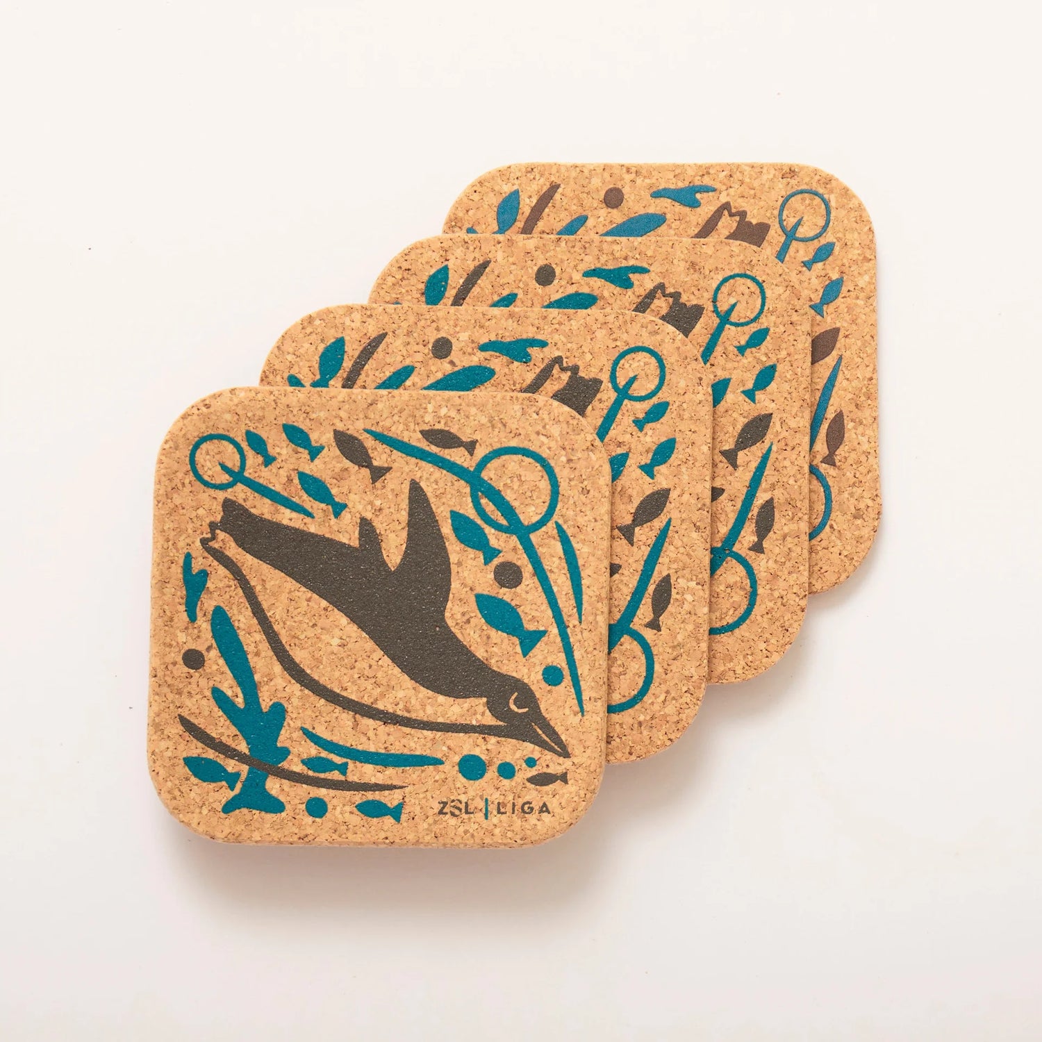 Cork Coasters - Swimming Penguins - Set of 4 with Holder