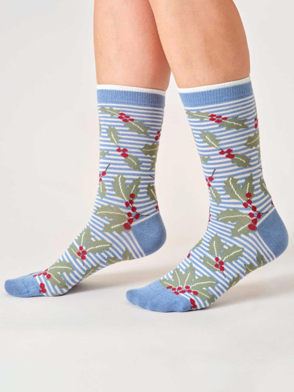Thought Bamboo Socks - Blue Holly & Berries - Size 4 - 7