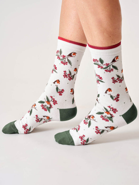 Thought Organic Cotton Socks - White Robin - Size 4 - 7